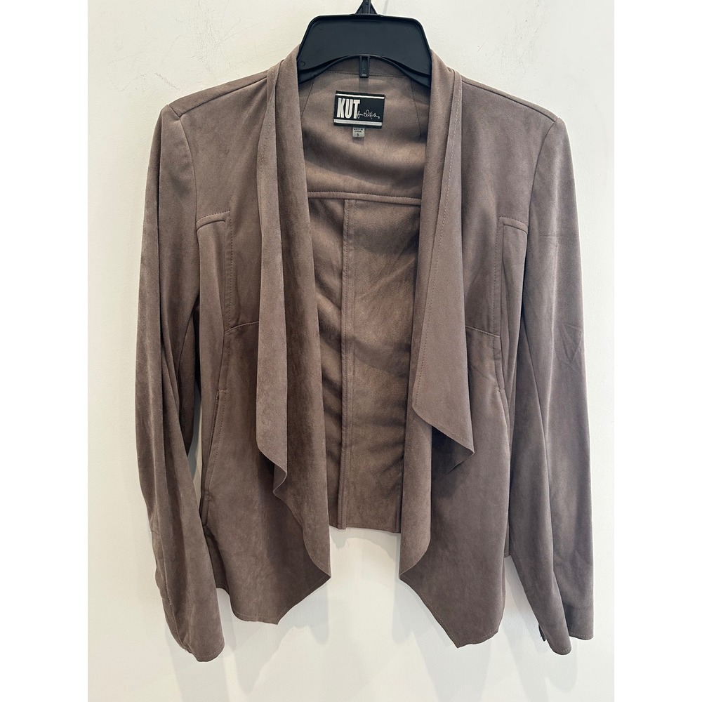 KUT from the Kloth Faux Suede Drape Front Jacket Taupe Brown Size Small